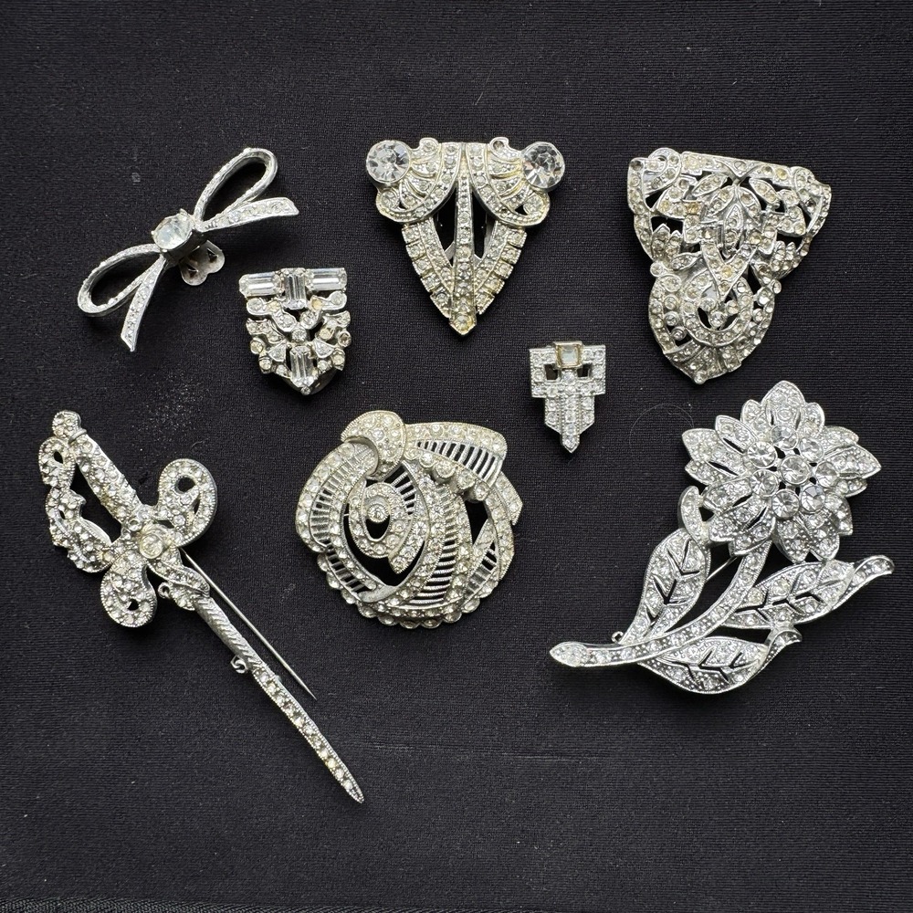 ART DECO ANTIQUE VINTAGE RHINESTONE POT METAL PIN BROOCH LOT Of 8